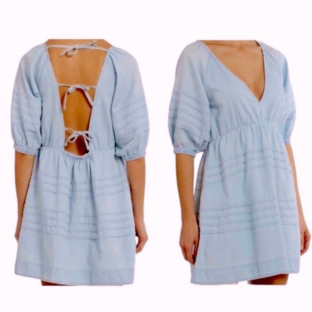 7 For All Mankind Boho Chambray Denim Babydoll Dress Tiered Tie Back Peasant L